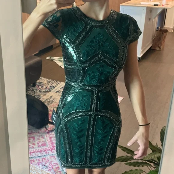 blue dress for baby girl Sheer Embellished Bodycon Mini Dress in Emerald - 12